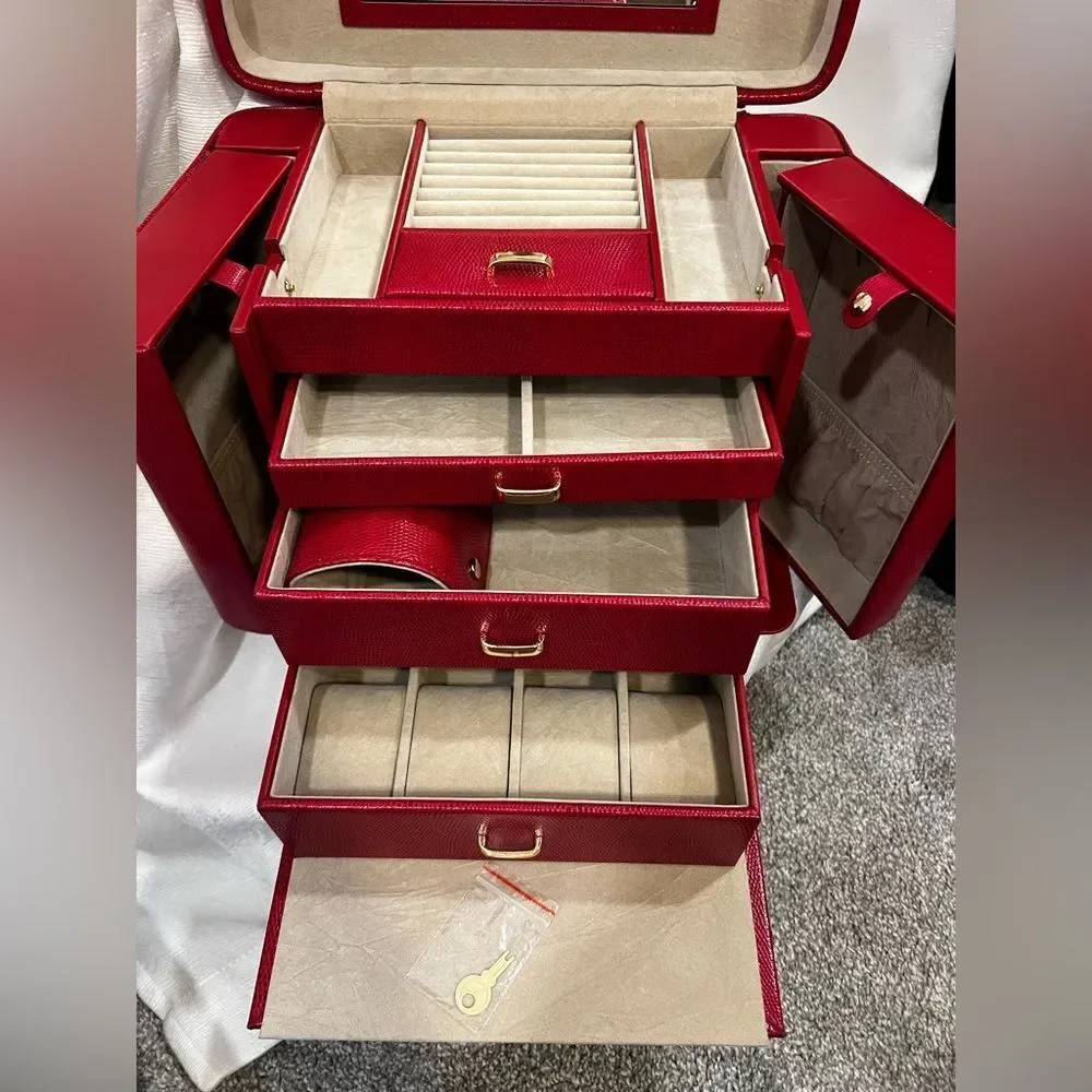 Bey-Berk Lizard Print Leather Jewelry Box - Red
